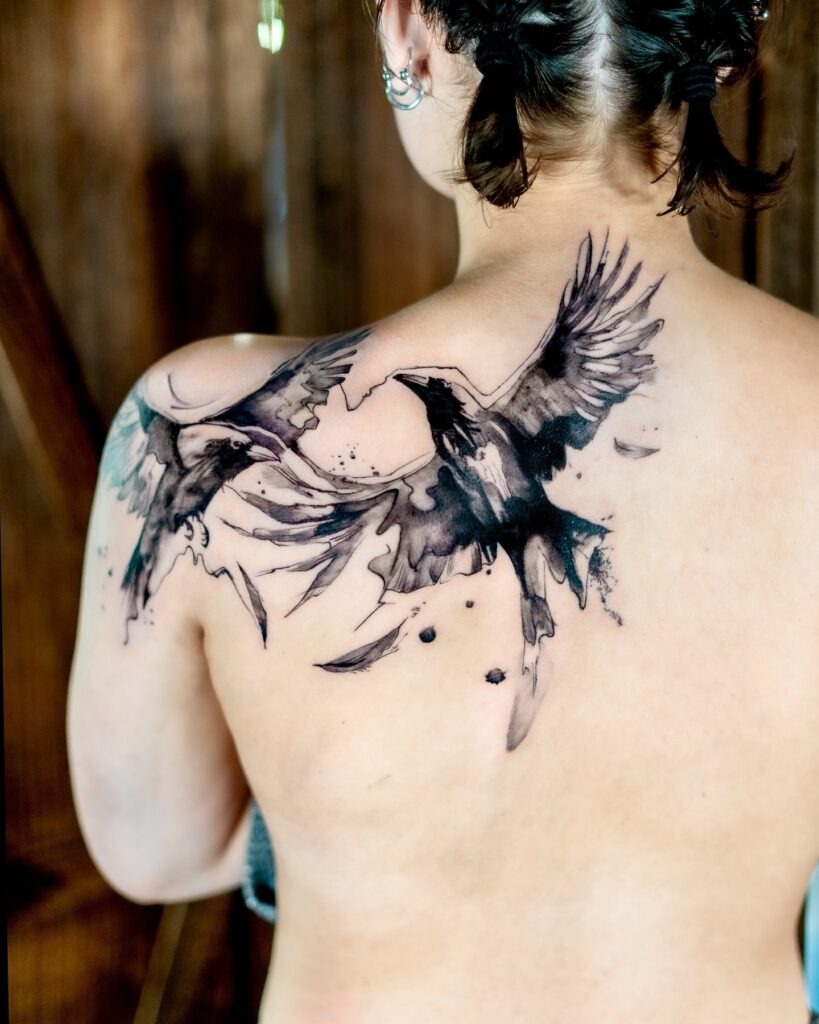 Ravens in Flight Watercolor Tattoo Design