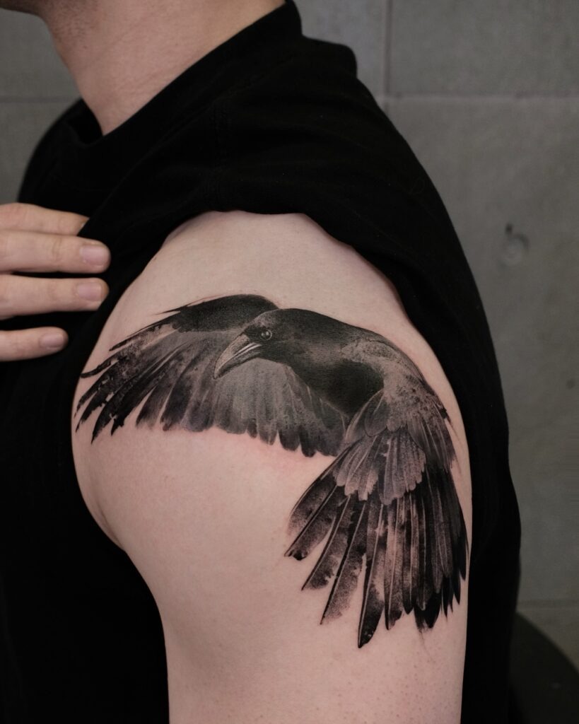 Realistic Flying Raven Tattoo Design