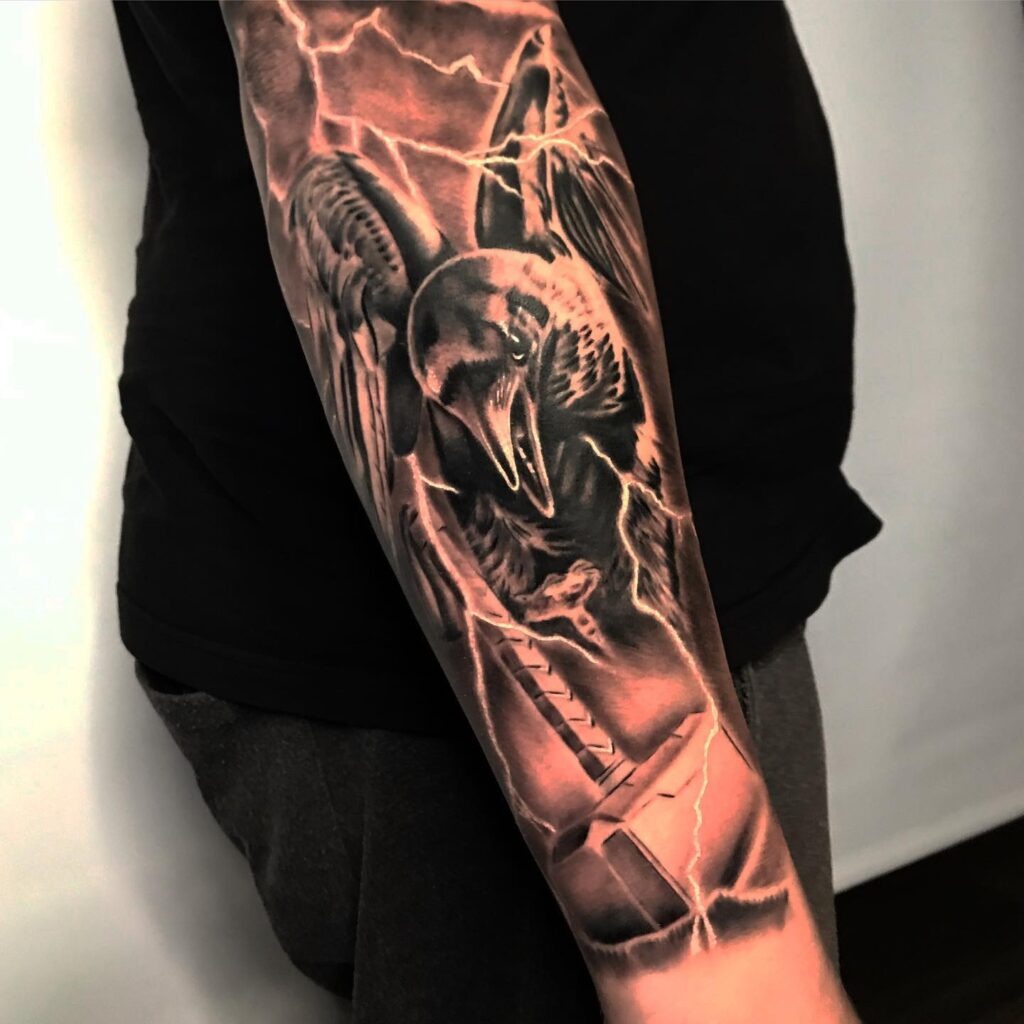 Thunderous Raven and Sword Sleeve Tattoo Design