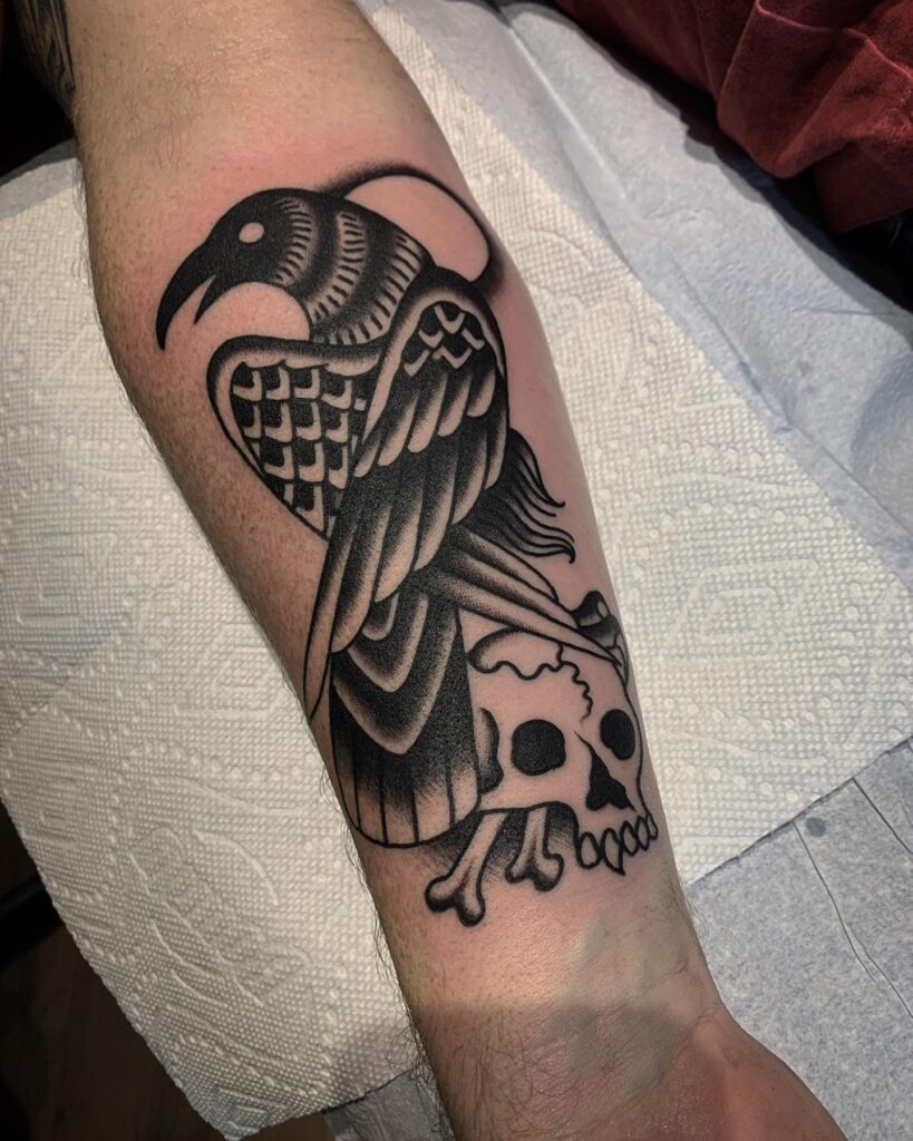 Traditional Raven and Skull Tattoo Design