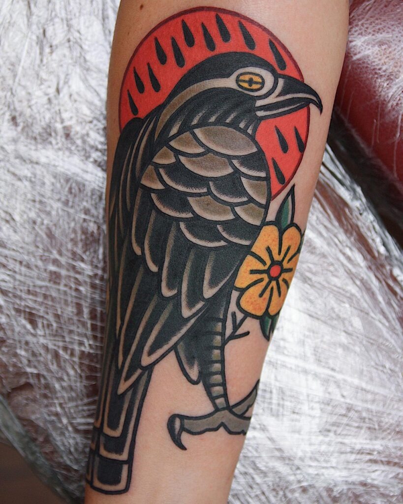 Traditional Raven and Sun Tattoo Design
