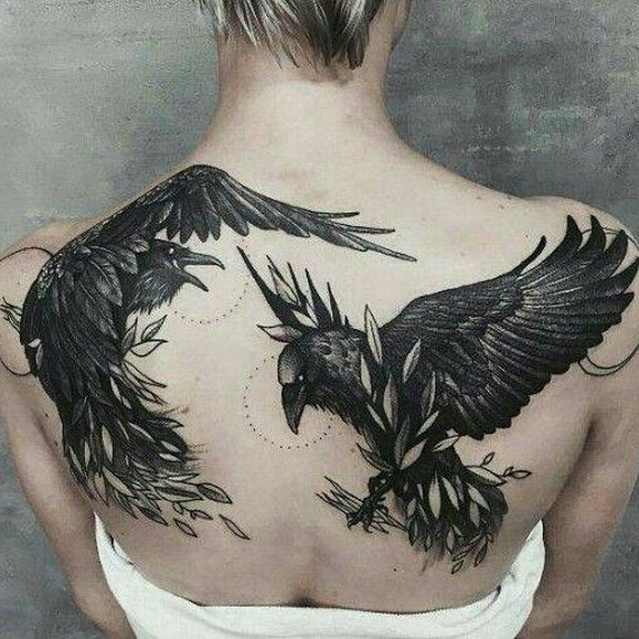 Twin Ravens and Branches Back Tattoo Design
