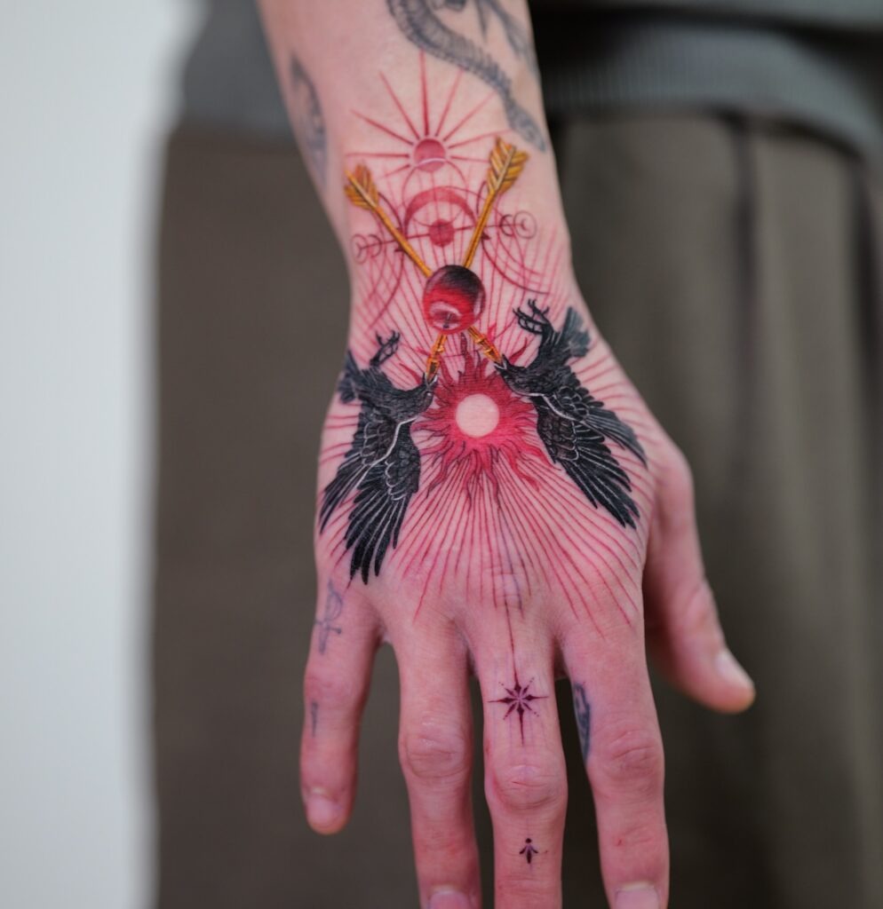 Twin Ravens and Sacred Sun Tattoo Design