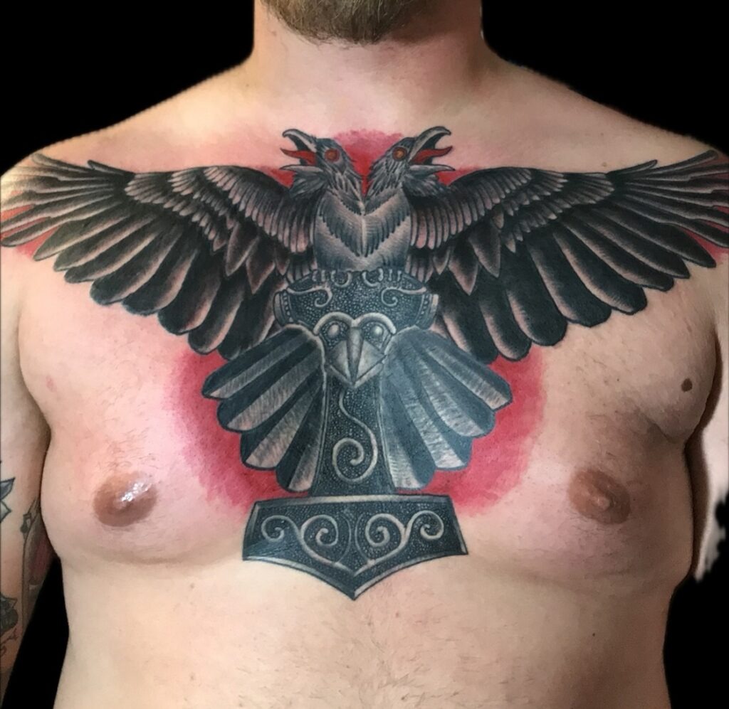 Two-Headed Raven and Mjölnir Chest Tattoo Design