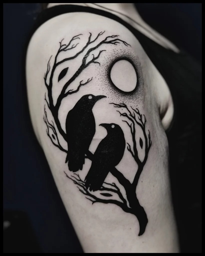 Two Ravens Under the Moon Tattoo Design