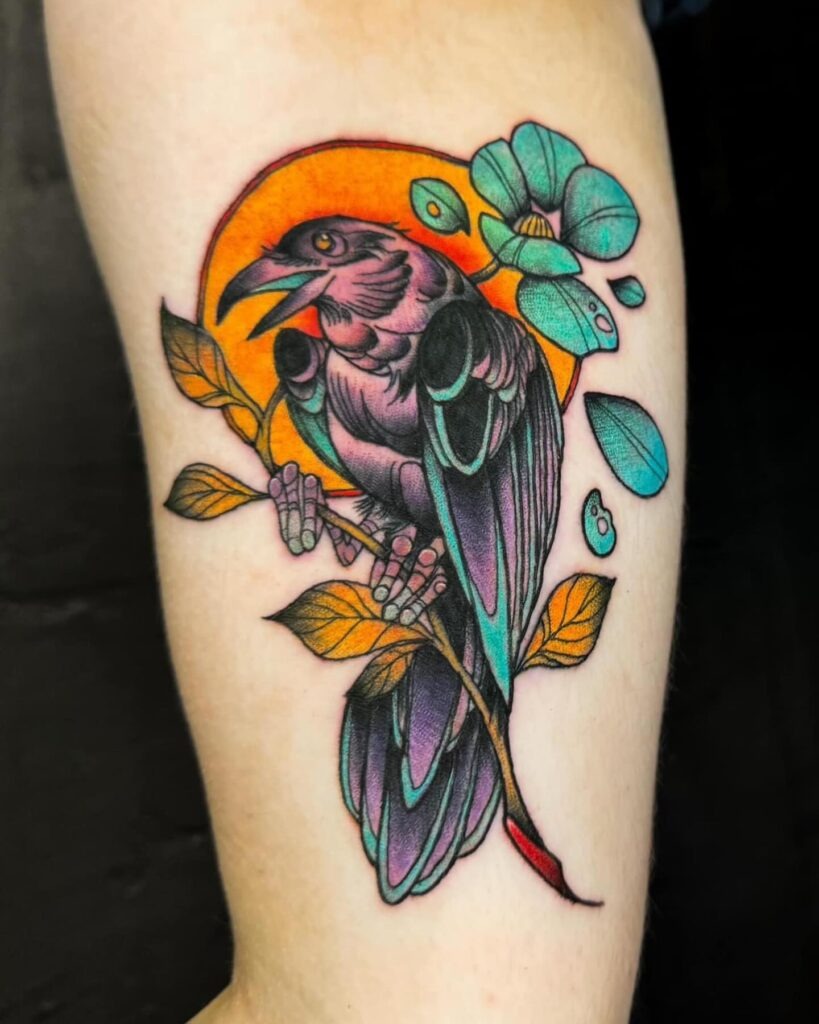 Vibrant Neo-Traditional Raven Tattoo Design