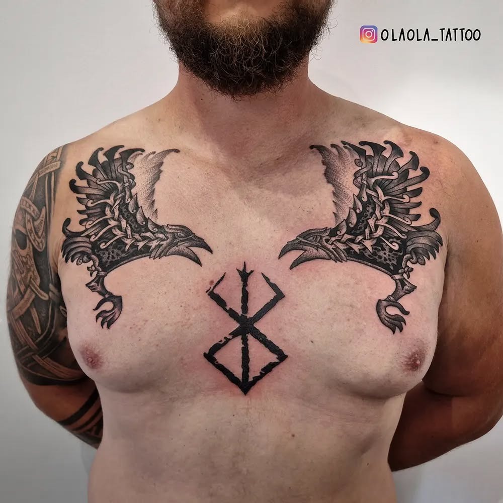 Viking-Inspired Twin Ravens Chest Tattoo Design
