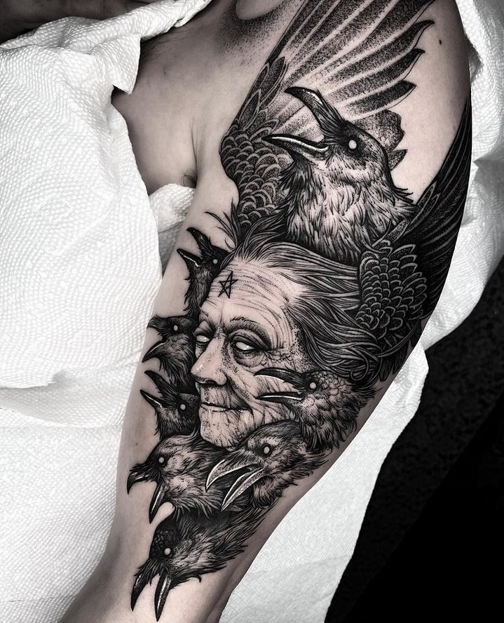 Witch and Ravens Tattoo Design