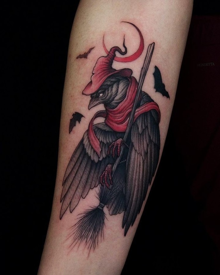 Witch Raven With Broomstick Tattoo Design