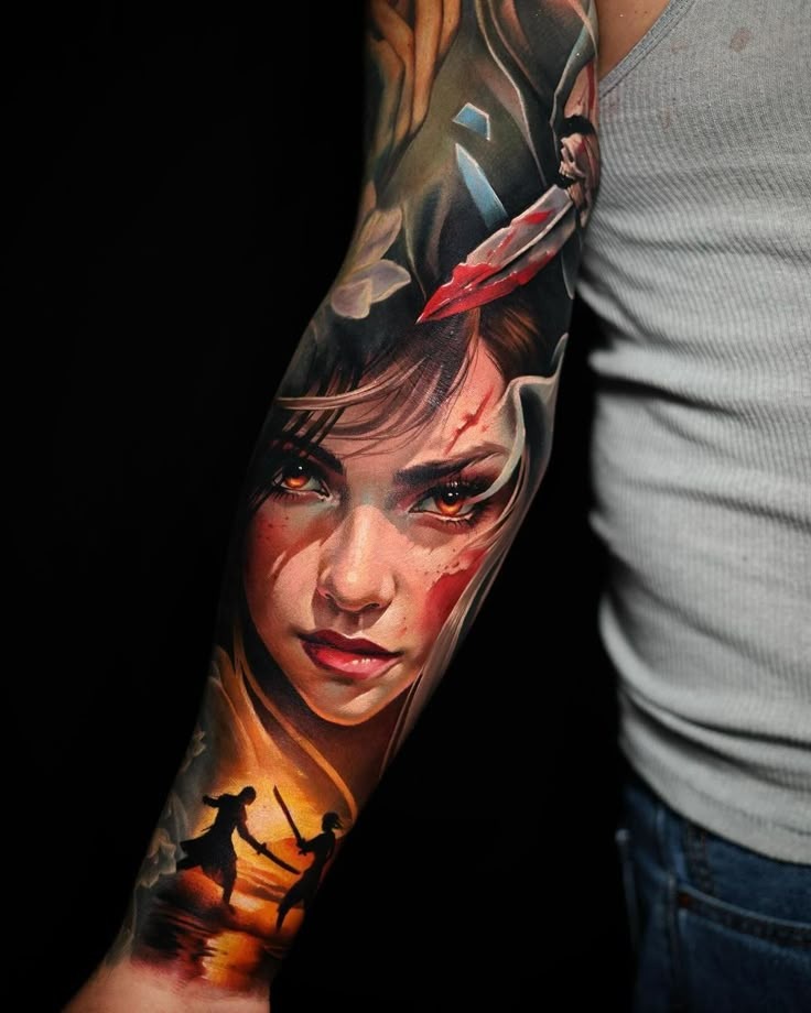 Cinematic Anime-Girl Realism Sleeve Tattoo Design