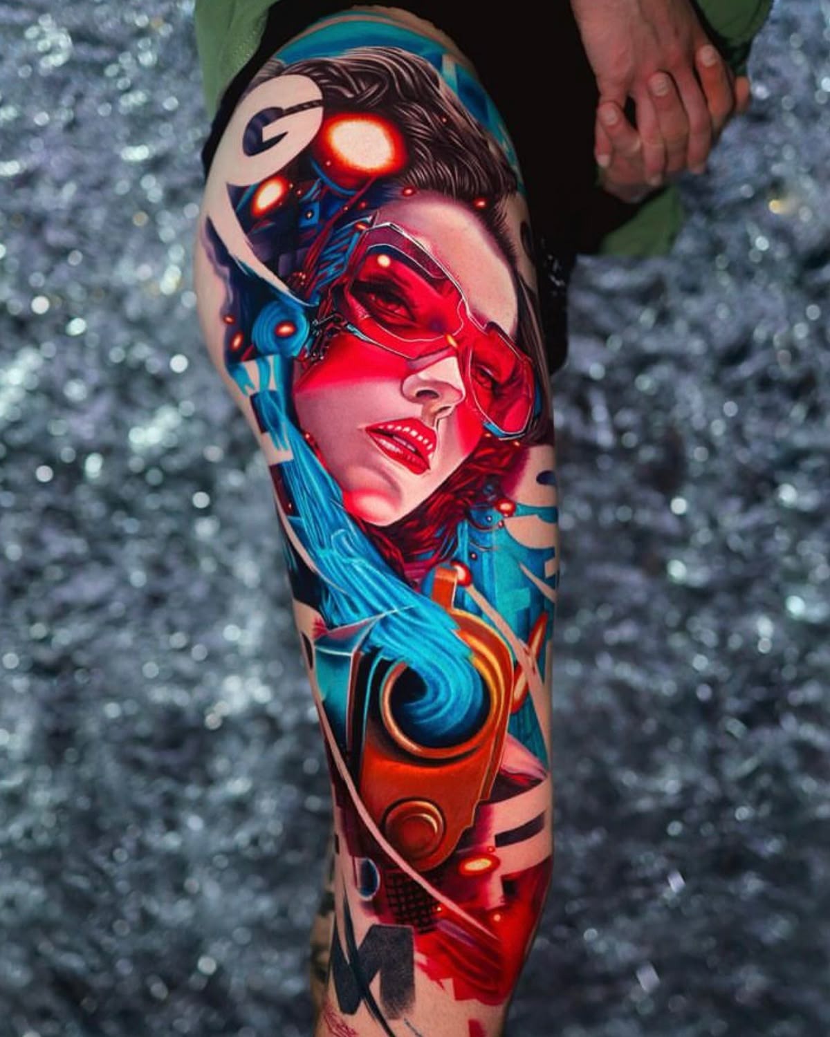 Dark Surreal Green Portrait with Painter's Details Tattoo Design