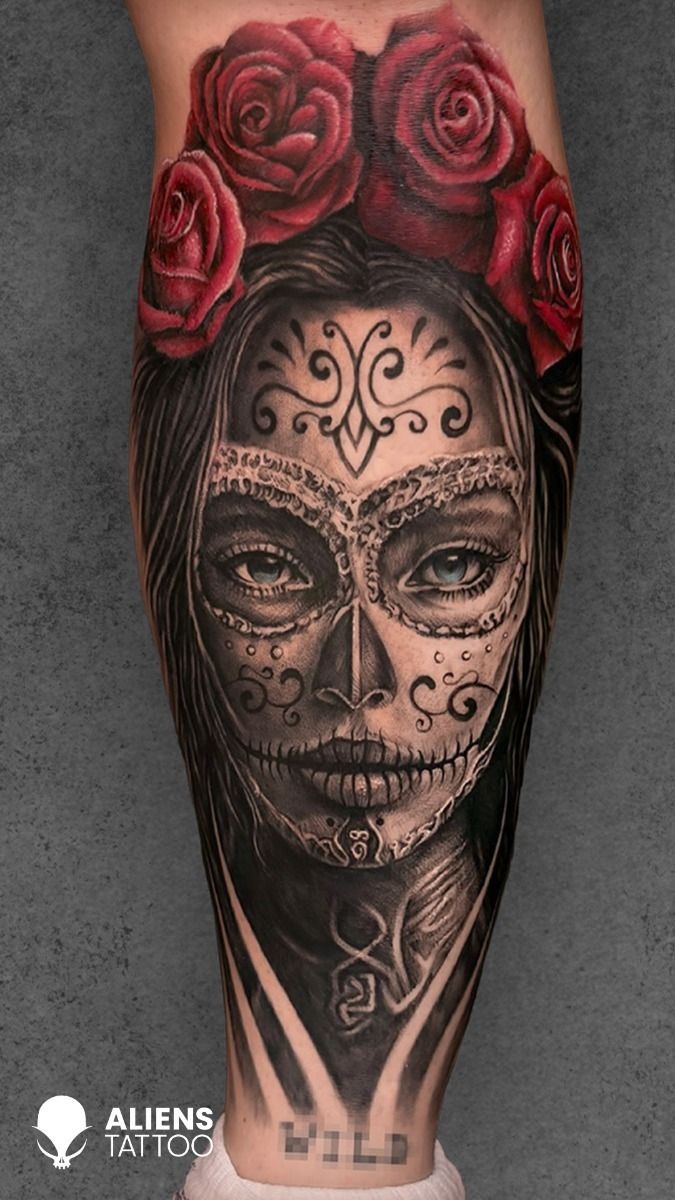Floral Women Portrait with Manwolf Energy in Colour Tattoo Design