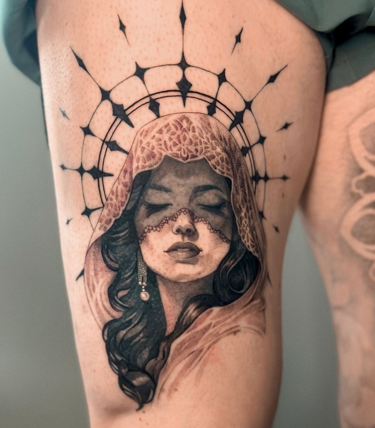 Veiled Woman Realism with Fine line Halo Details Tattoo Design