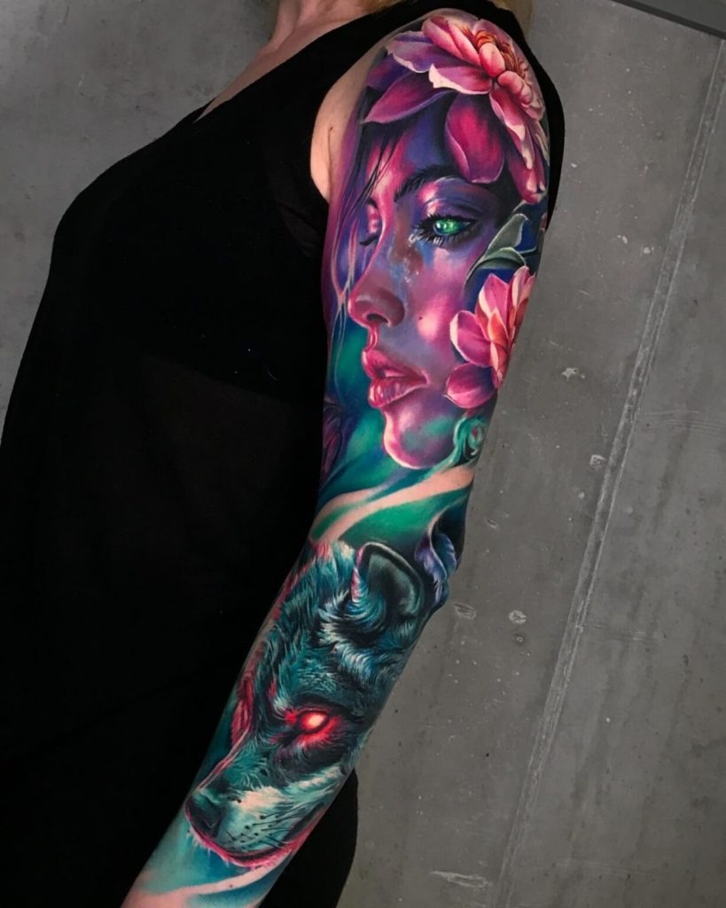 Velvety Rose Realism with Mechanical Edge in Colour Tattoo Design