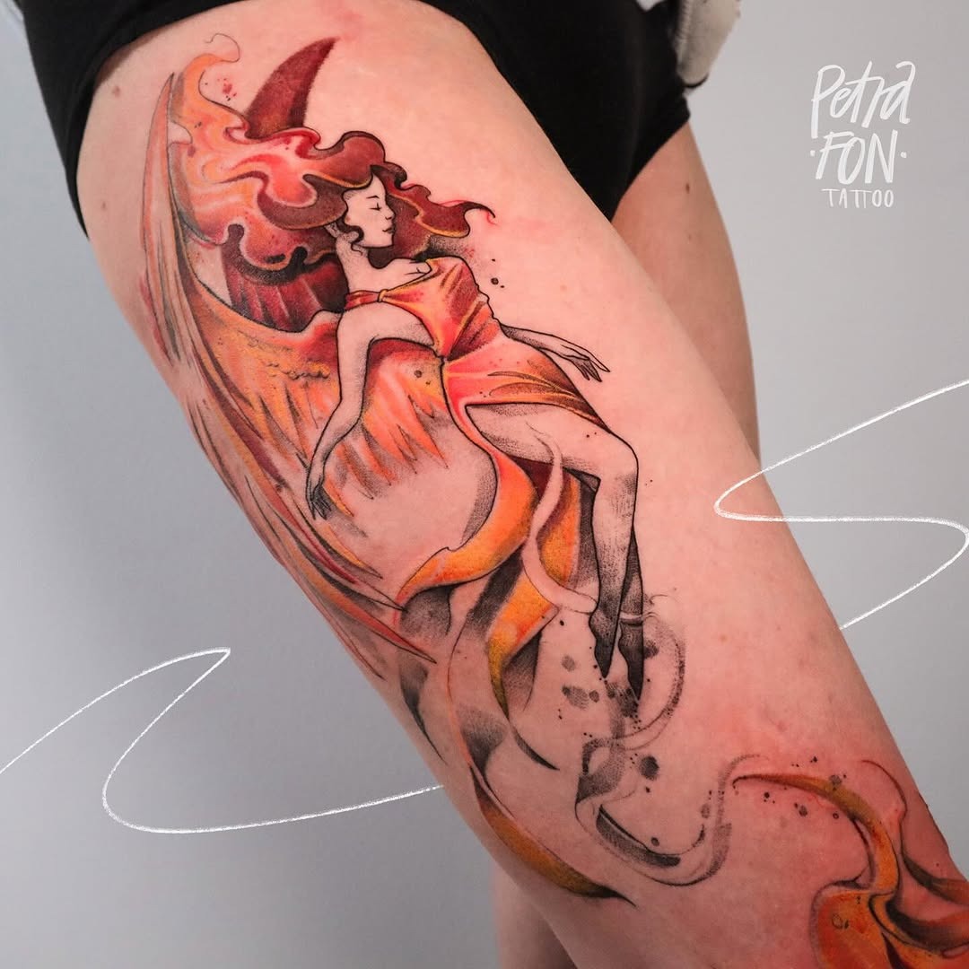 Colorful phoenix-inspired rebirth tattoo on thigh Tattoo Design