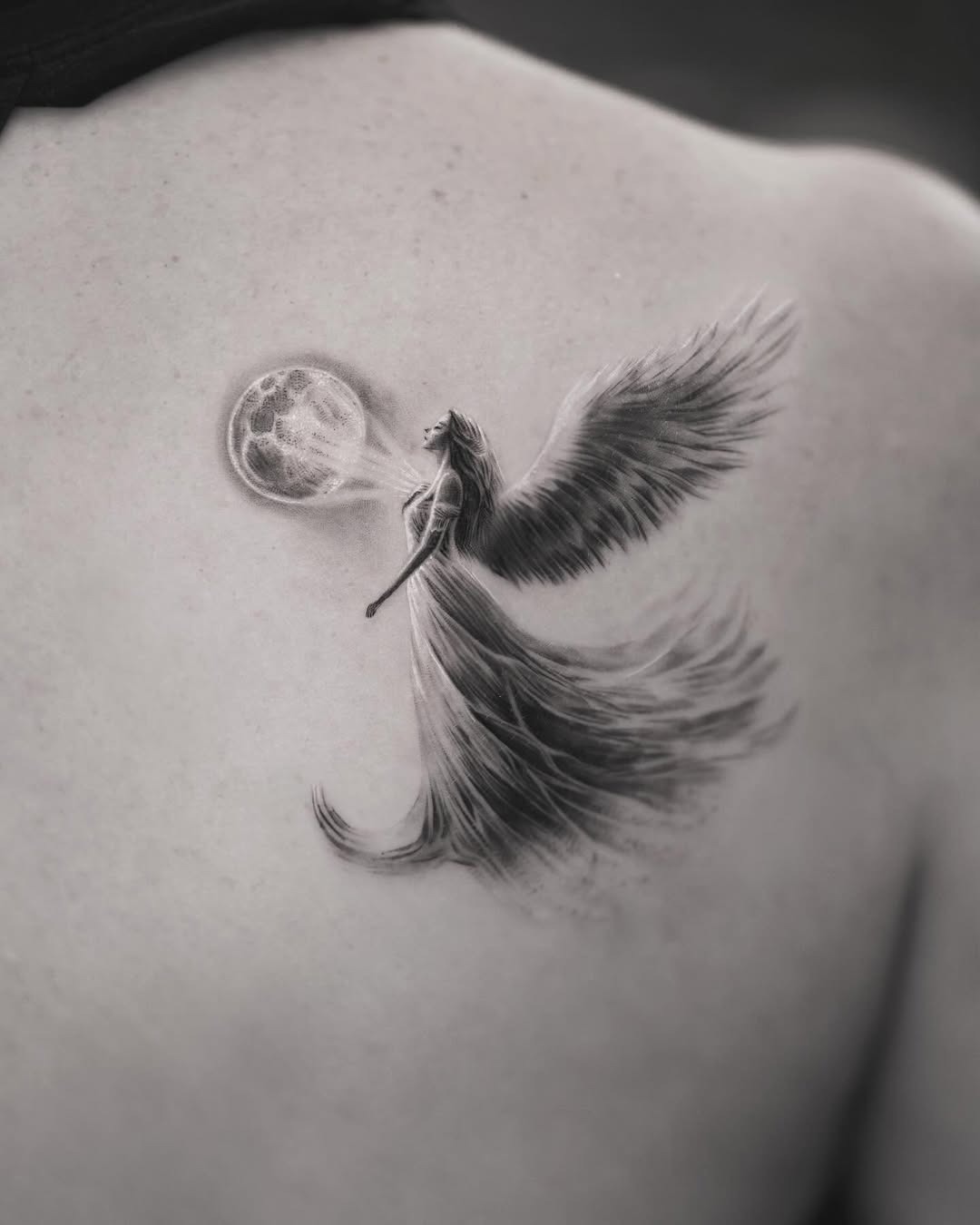 Ethereal depiction of rebirth through angelic figure Tattoo Design
