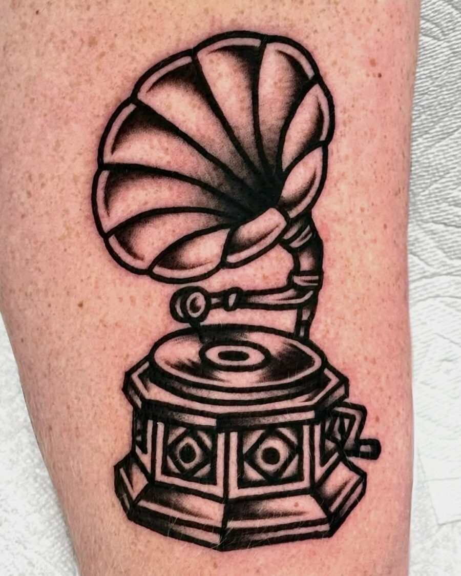 Classic gramophone tattoo with intricate details Tattoo Design