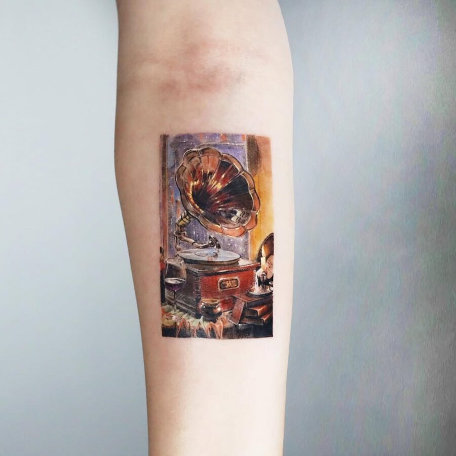 Intricate design of a vintage record player tattoo Tattoo Design