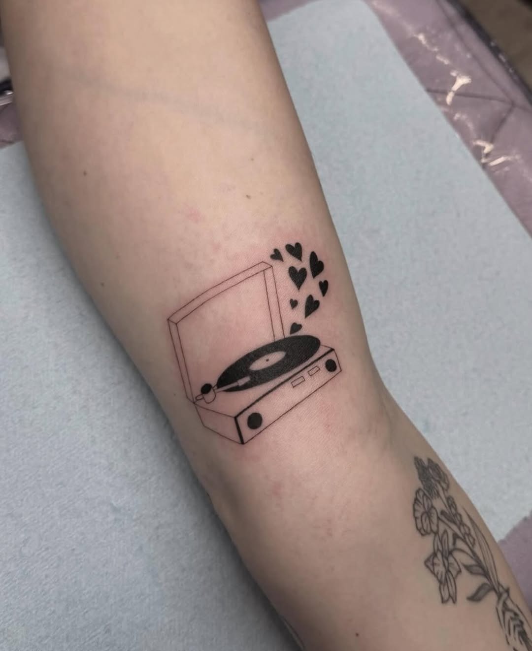 Minimalist record player tattoo with love vibes Tattoo Design