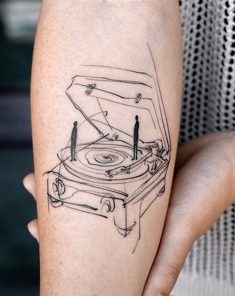 Minimalist record player tattoo with silhouettes Tattoo Design