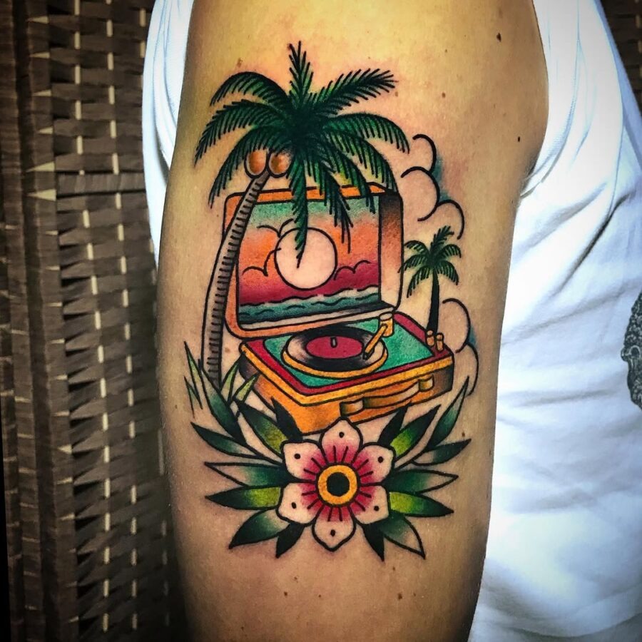 Retro record player with tropical vibes Tattoo Design