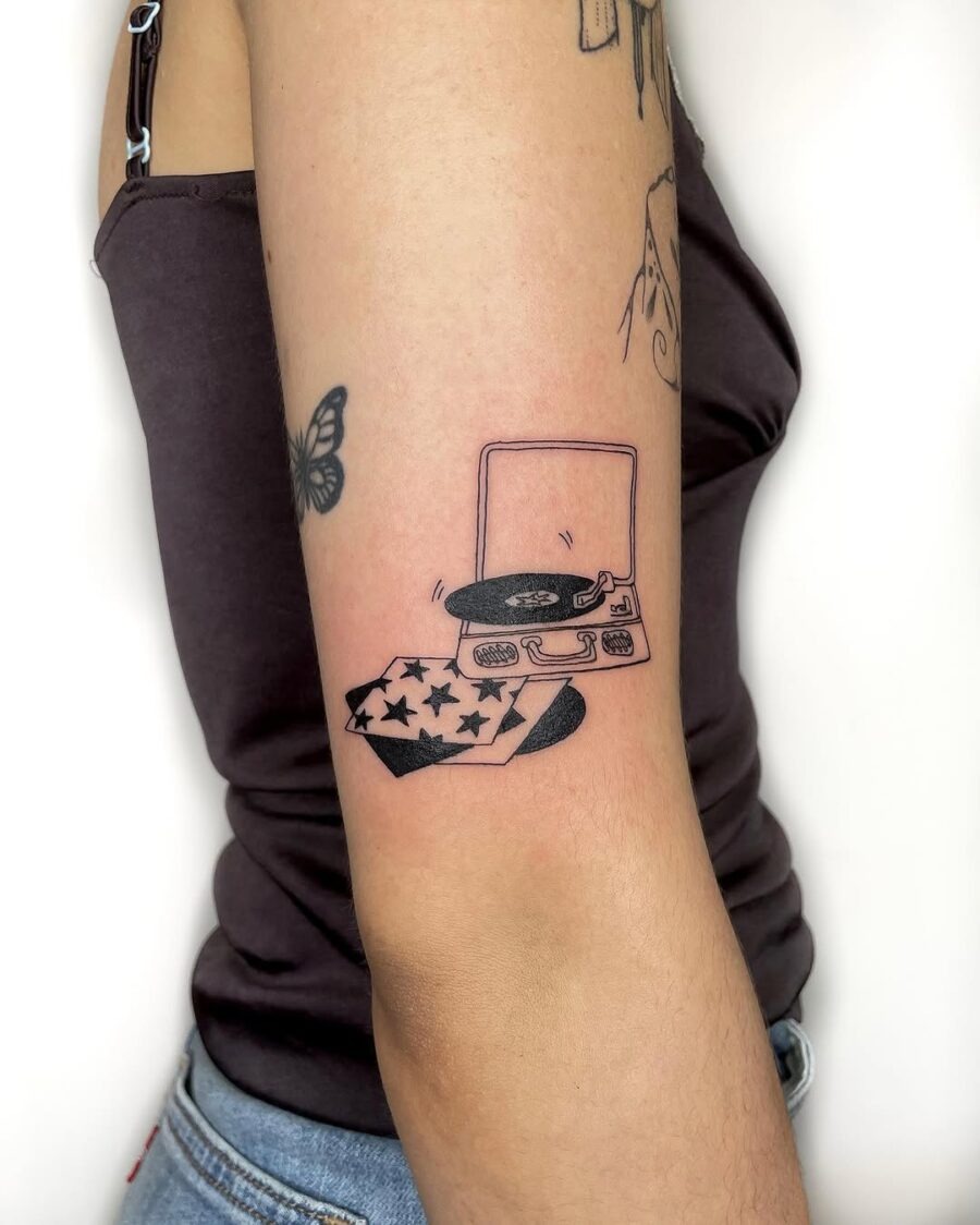 Stylish record player with star-themed details Tattoo Design
