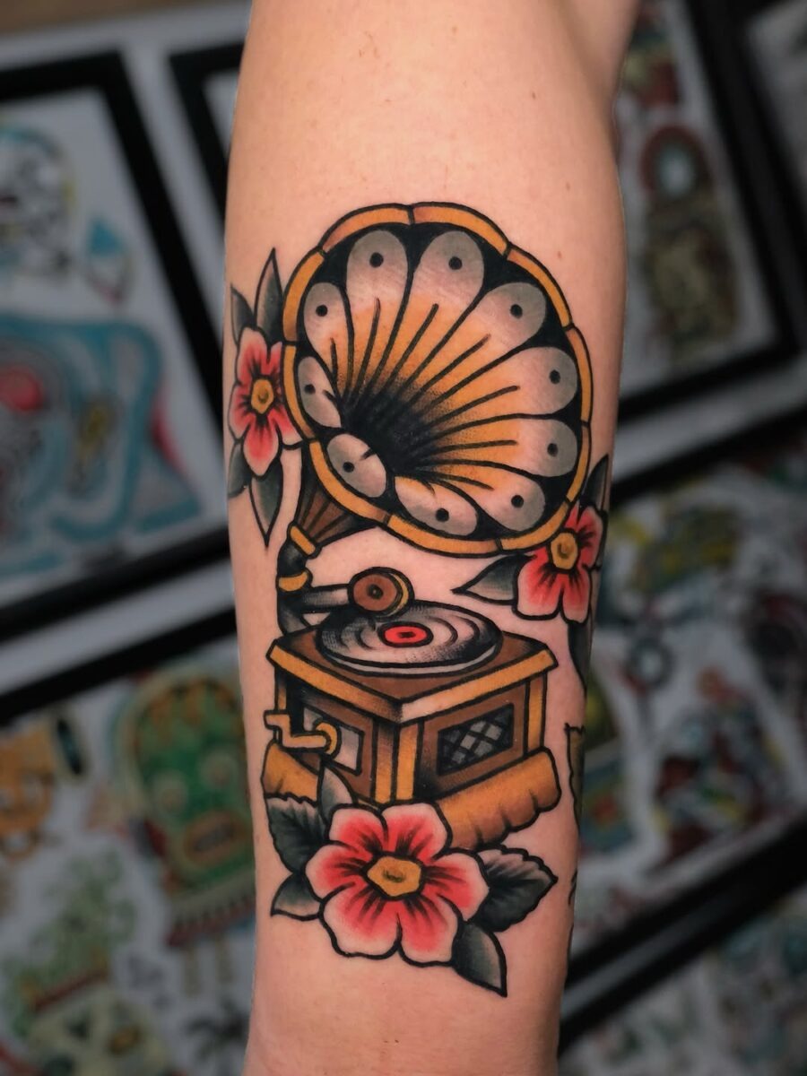 Vintage record player with floral embellishments Tattoo Design