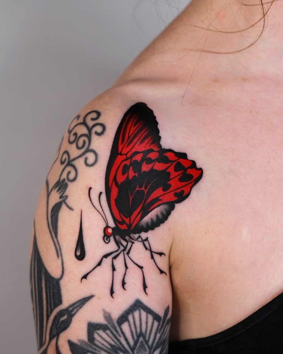 Bold Floral Red Ink Leg Tattoo Design Tattoo Design