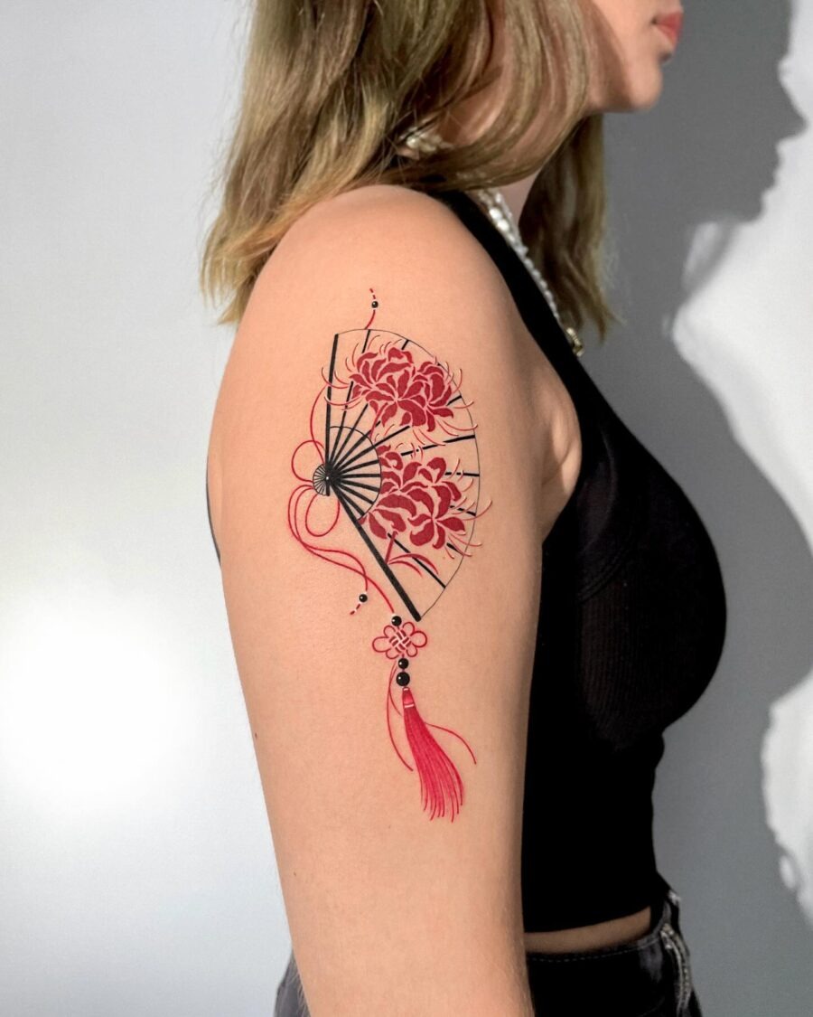 Elegant red ink peony tattoos on arms Tattoo Design