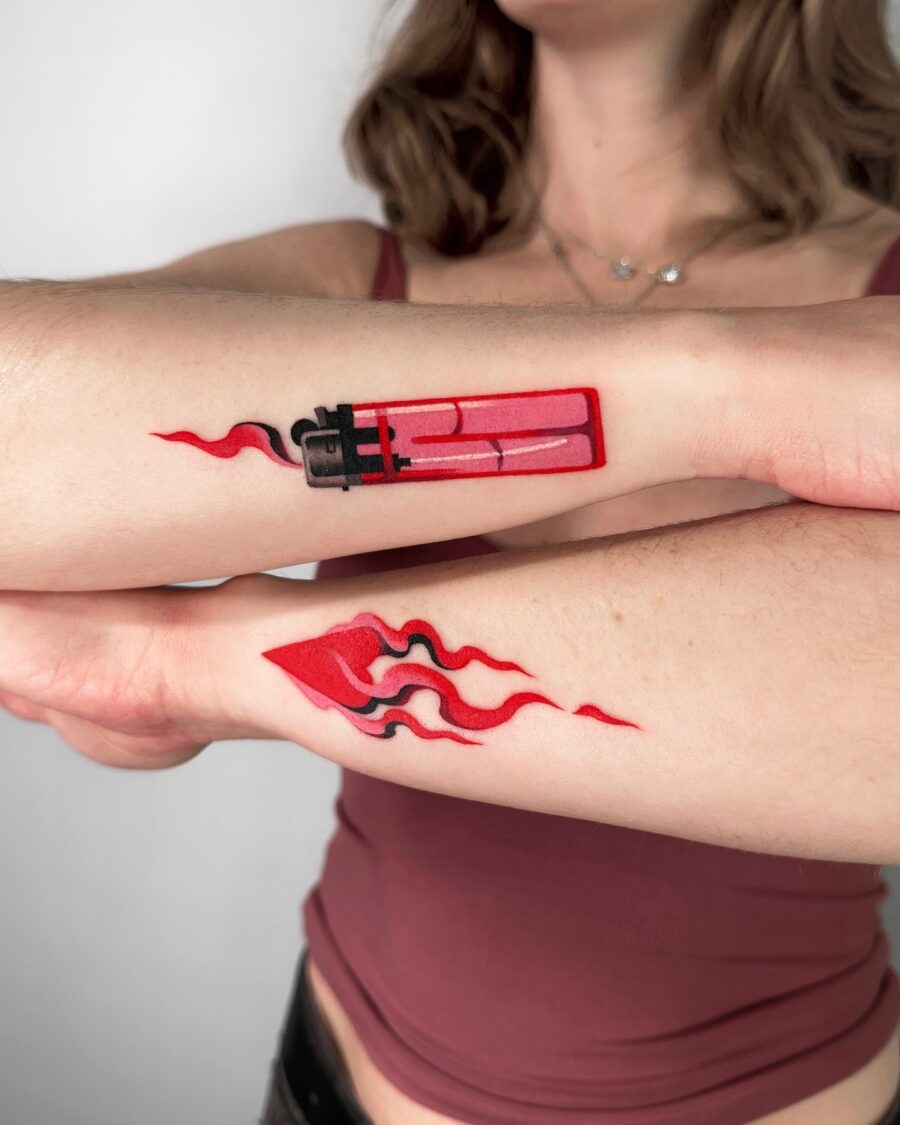 Intricate red ink designs on hands and arms Tattoo Design