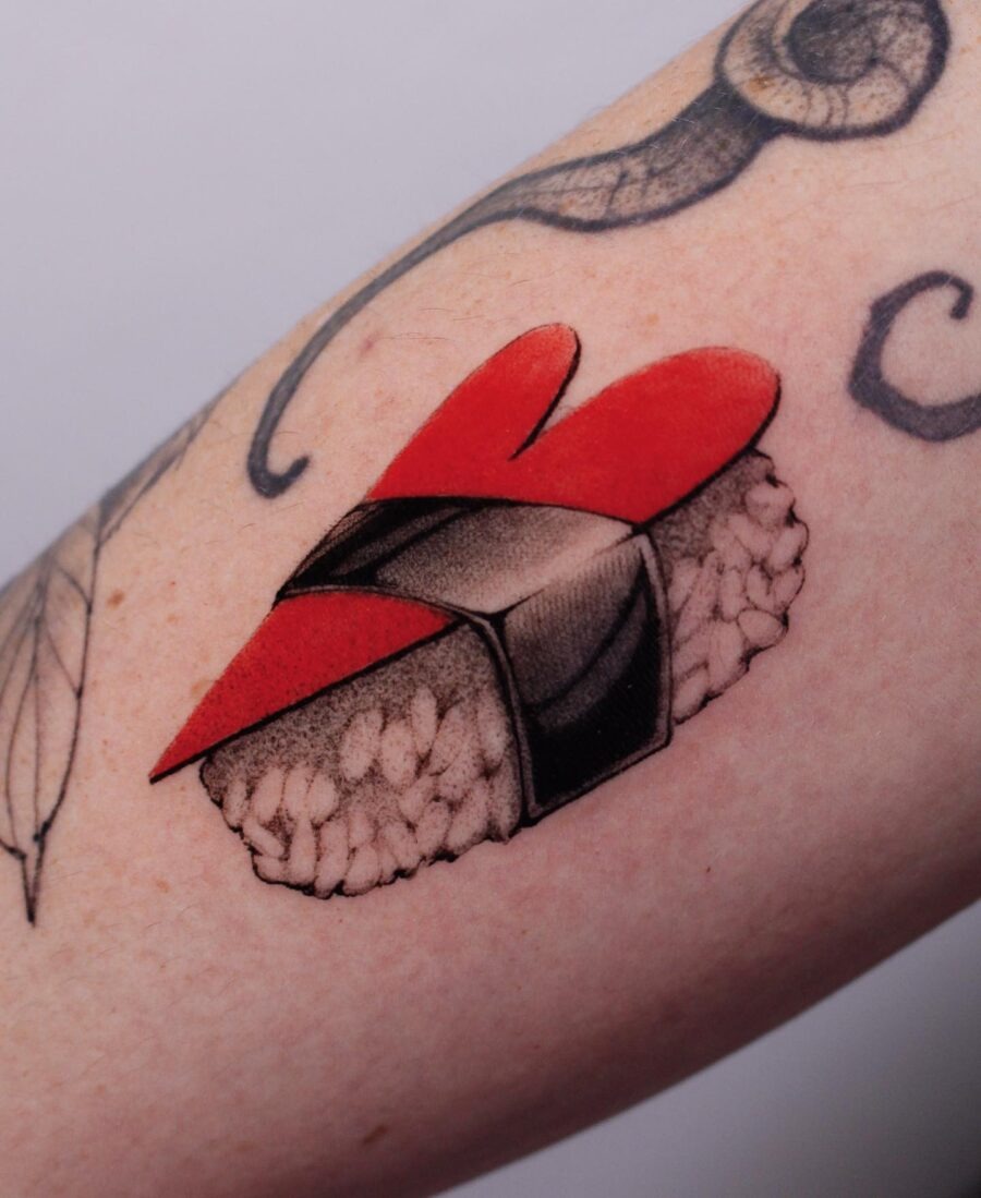 Striking red ink geometric tattoo design. Tattoo Design