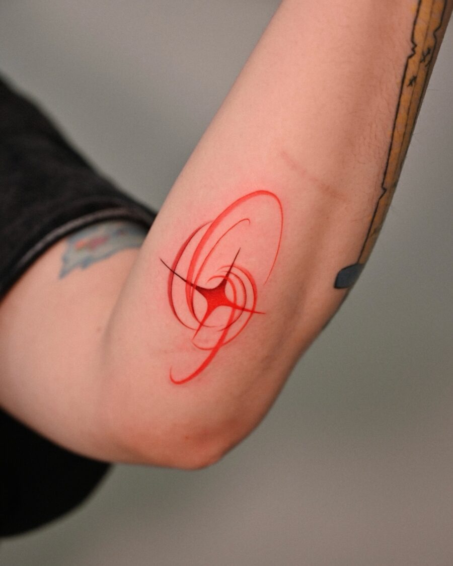 Stunning Red Ink Butterfly Tattoo on Shoulder Tattoo Design