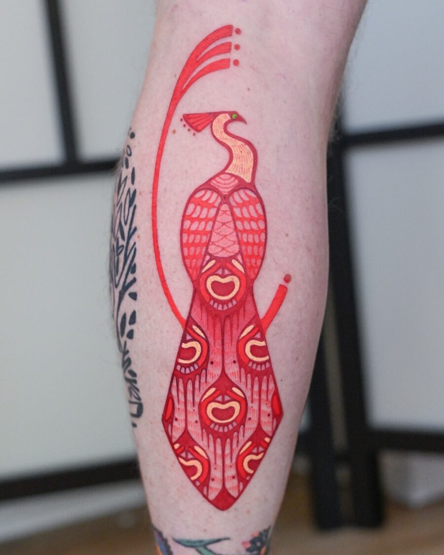 Stunning red ink dragon thigh tattoo design Tattoo Design