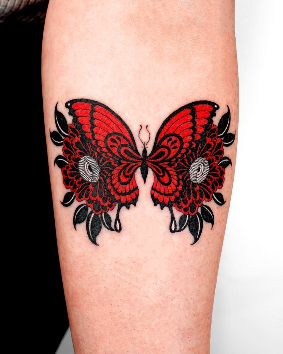 Vivid Red Floral Tattoo on Forearm Tattoo Design