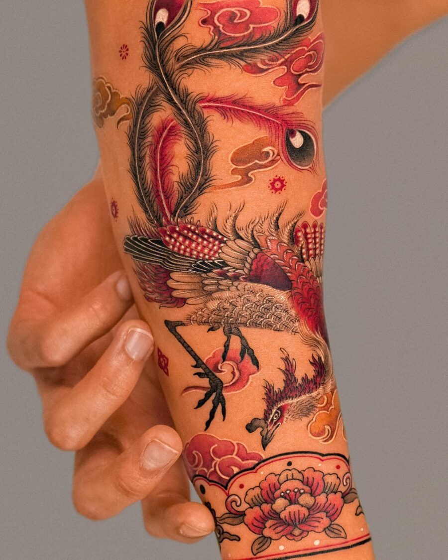 Vivid red ink crane tattoo design display Tattoo Design
