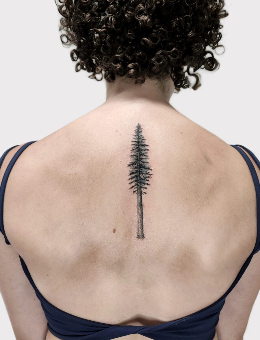 Elegant redwood tree tattoo on the back Tattoo Design