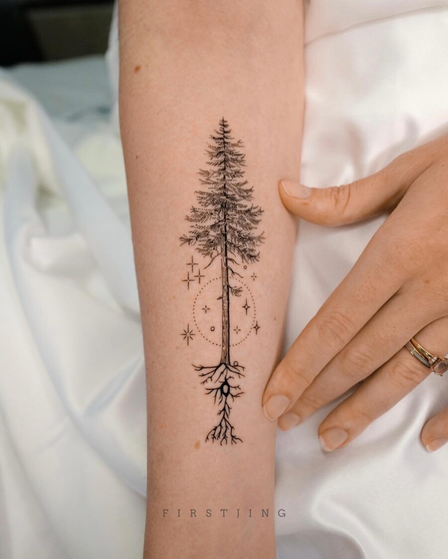 Elegant redwood tree tattoo with cosmic elements Tattoo Design