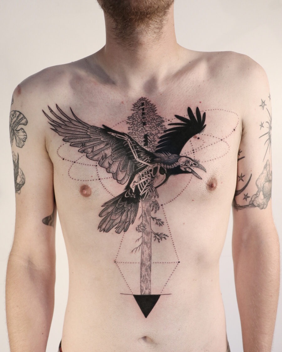 Intricate crow design above a towering redwood Tattoo Design