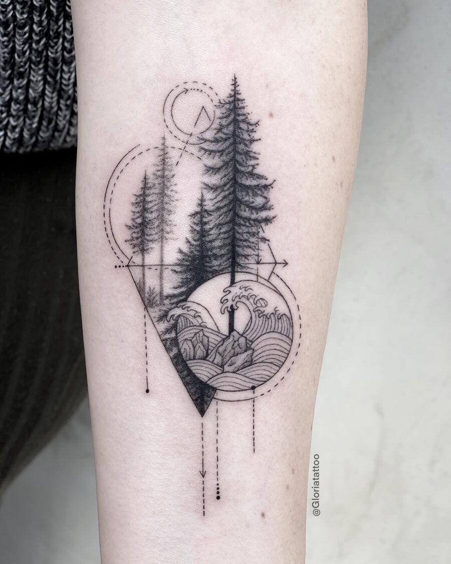 Intricate design featuring redwood trees and waves Tattoo Design