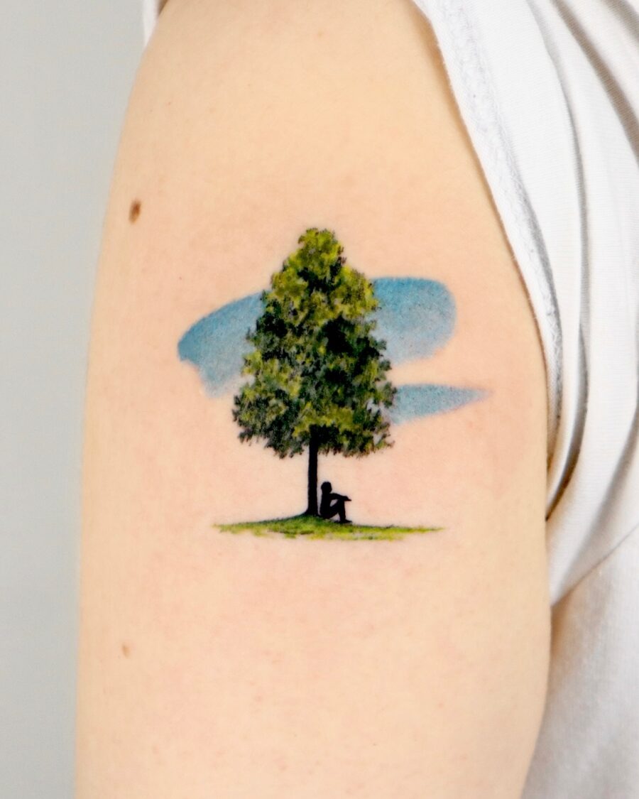 Sitting Under a Majestic Redwood Tree Tattoo Design