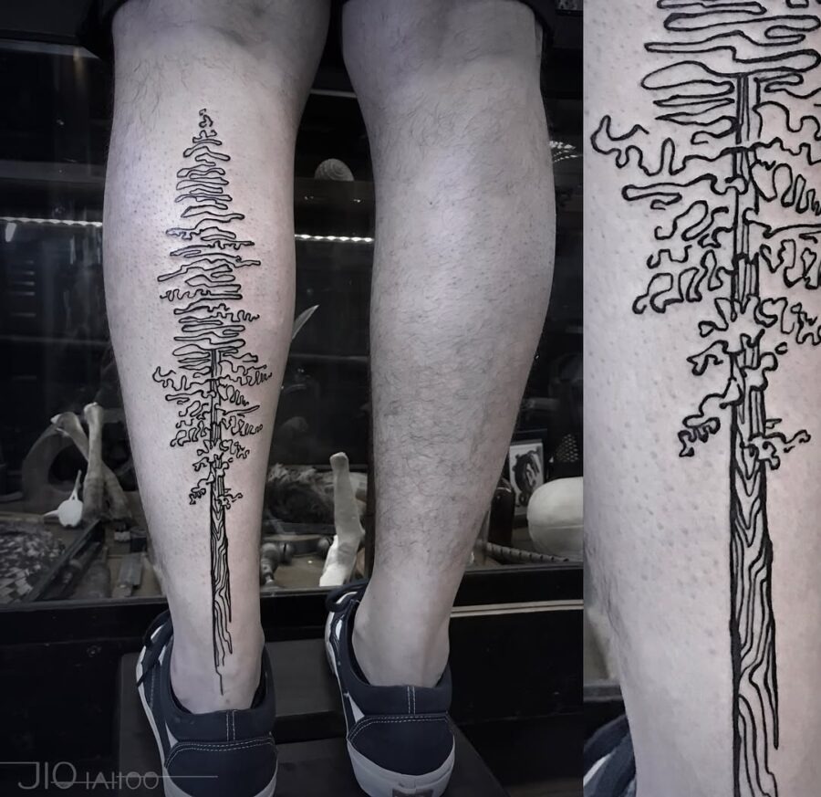 Stunning minimalist redwood tree leg tattoo Tattoo Design