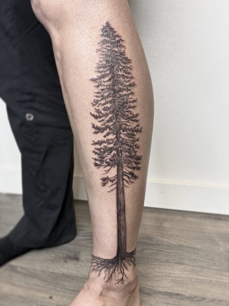 Stunning realist redwood tree tattoo on leg Tattoo Design