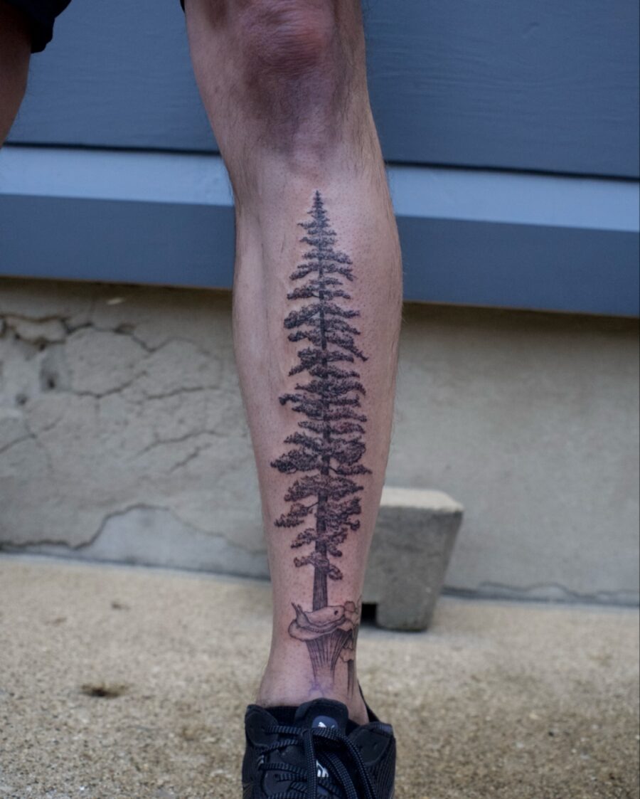 Stunning redwood tree tattoo on leg design Tattoo Design
