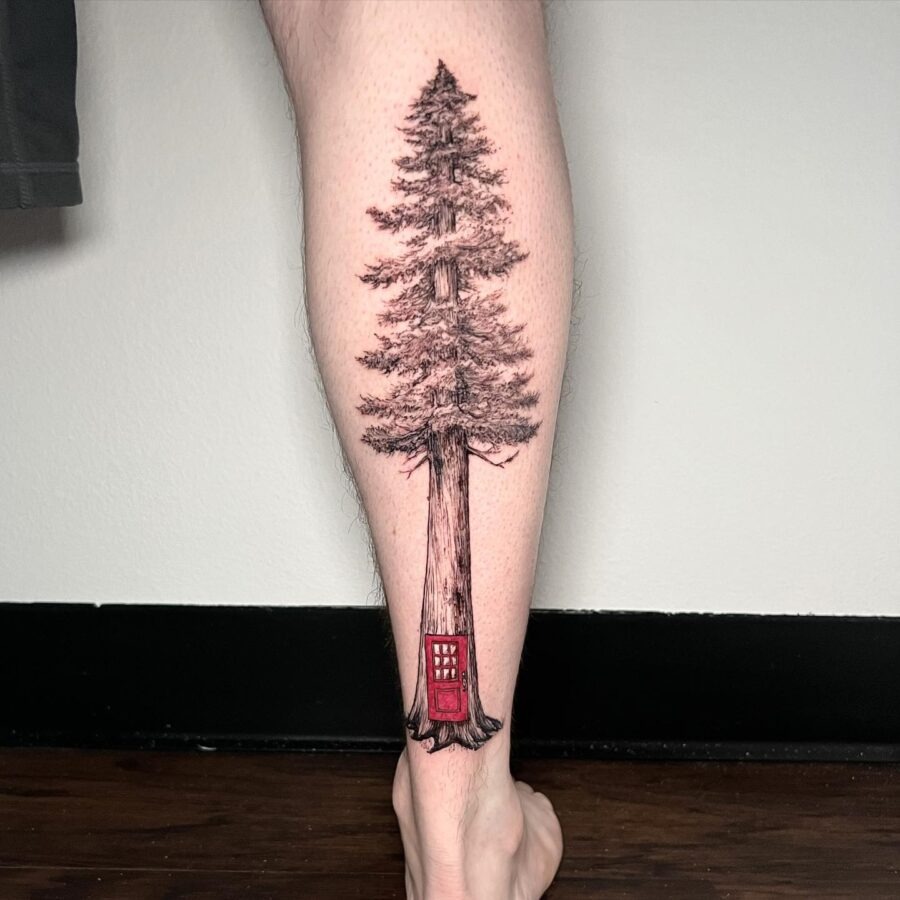 Unique redwood tattoo with a door detail Tattoo Design