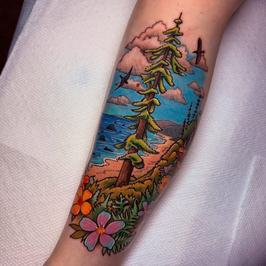 Vibrant Redwood Tree Tattoo with Scenic Background Tattoo Design