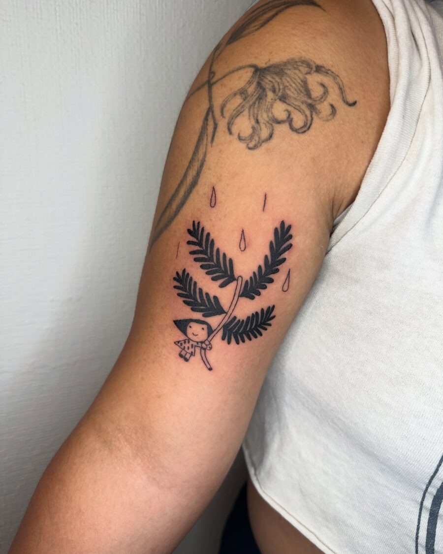 Whimsical redwood tree tattoo with a cute character Tattoo Design