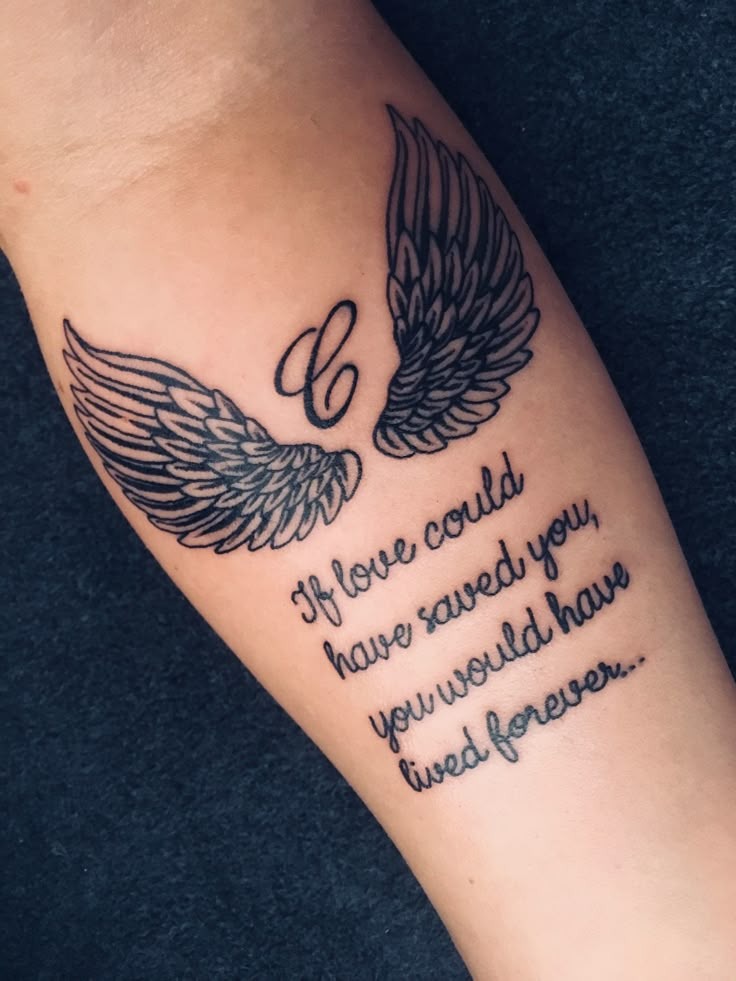 Angel Wings with Initial and Quote Tattoo Design