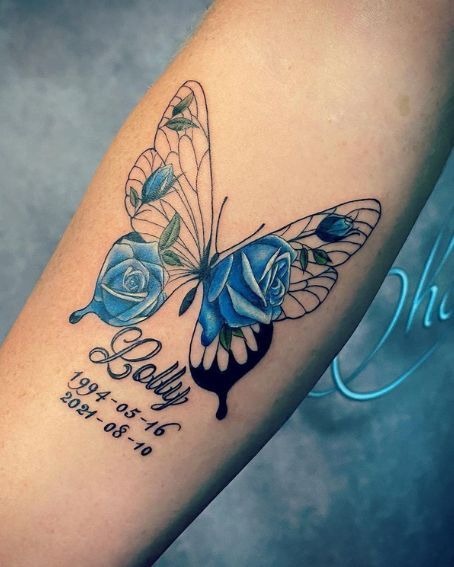 Blue Butterfly with Roses Tattoo Design