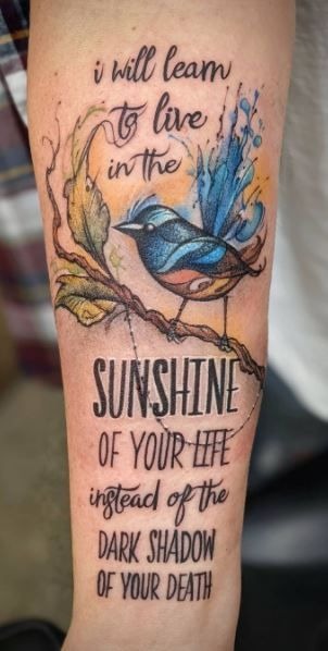 Colorful Songbird Quote Tattoo Design