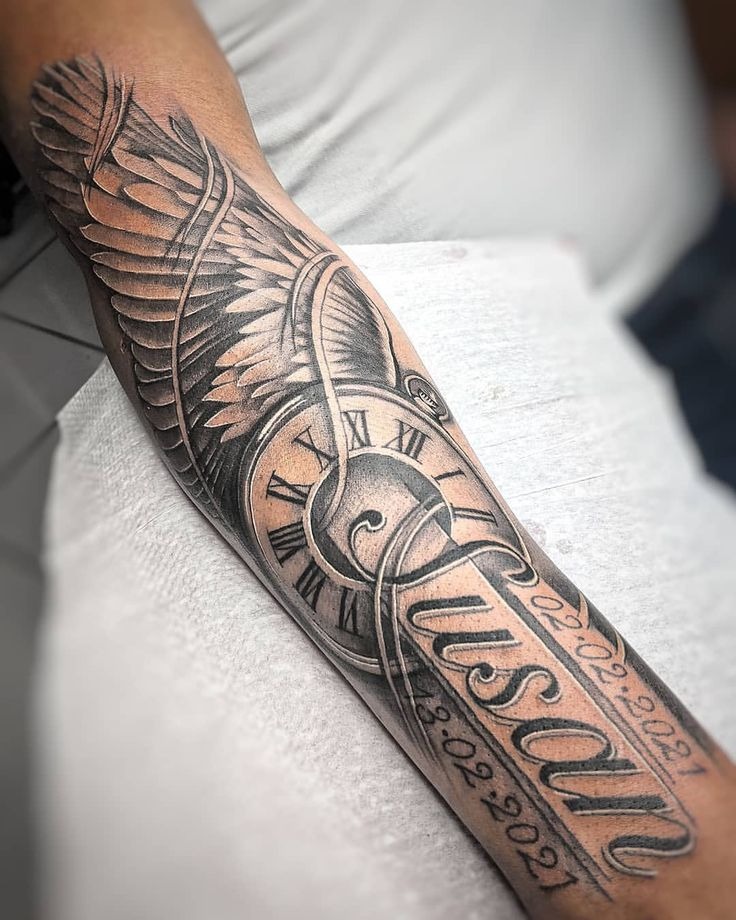 Feathered Clock and Name Memorial Tattoo Design
